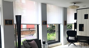 motorized roller shades in a sleek, bichrome-styled interior